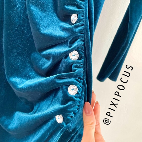 ZARA VELVET JEWEL BUTTON RUCHED MIDI DRESS BLUE - Picture 9 of 12